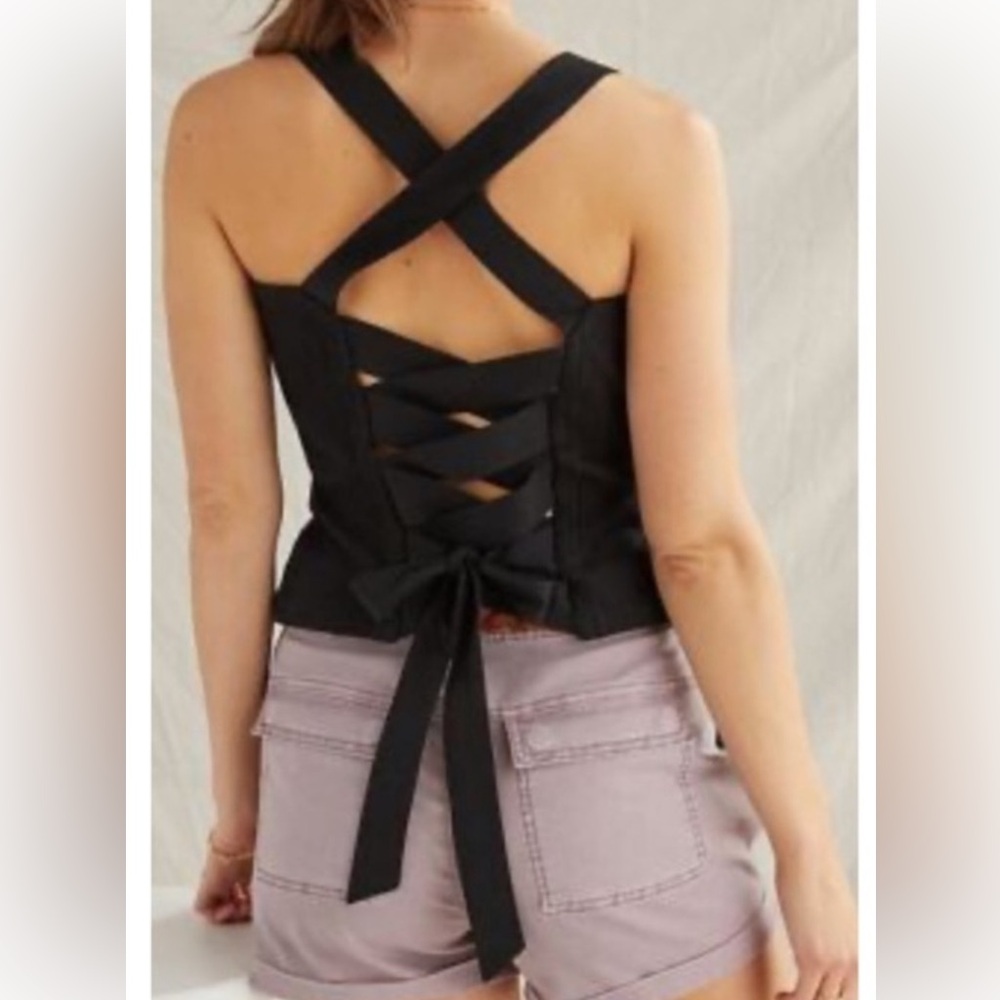 Anthropologie Black Lace-Up  Tank Top Ribbed Stretch Top